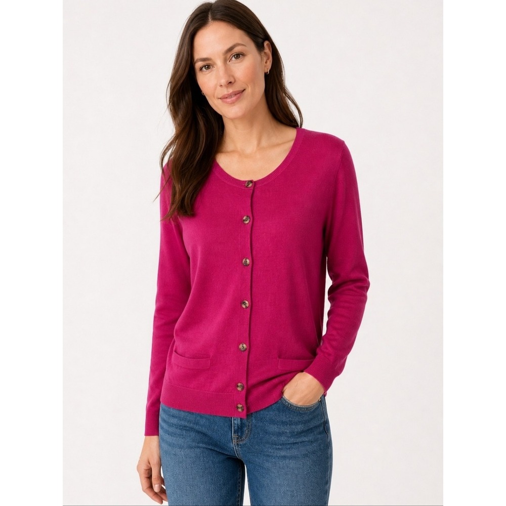 Halogen NEW Women LP Fuchsia Merino Wool Blend Button Front Eclectic Cardigan‎